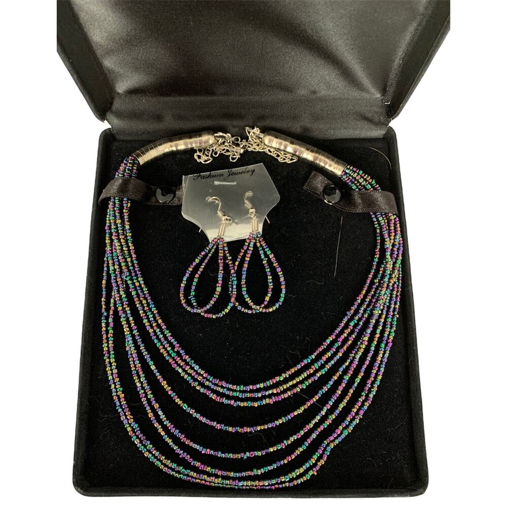 Jewelry Set Metallic Multi-Color Beaded Necklace‎ and Earrings 27"